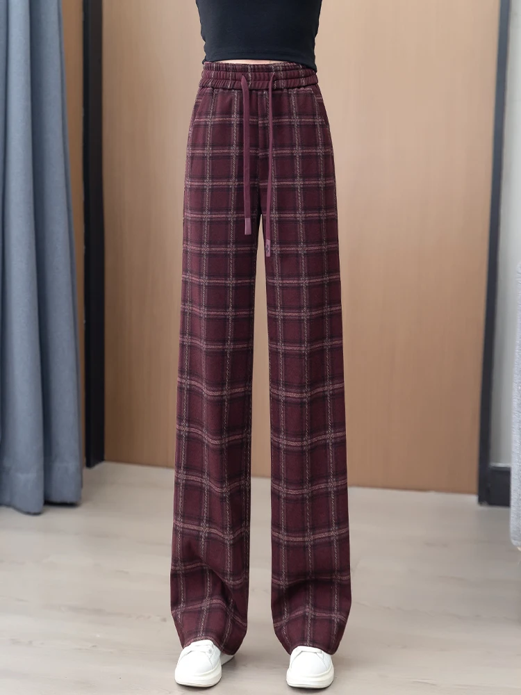 Plus Size Woolen Plaid Wide-Leg Pants Women Autumn and Winter 2024 New Elastic High Waist Loose Drape Ankela Red Straight