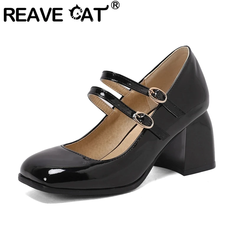 

REAVE CAT Mary Jane Female Pumps Square Toe Chunky Heels 7cm Double Buckle Straps Plus Size 50 Patent Leather Sweet Women Shoes