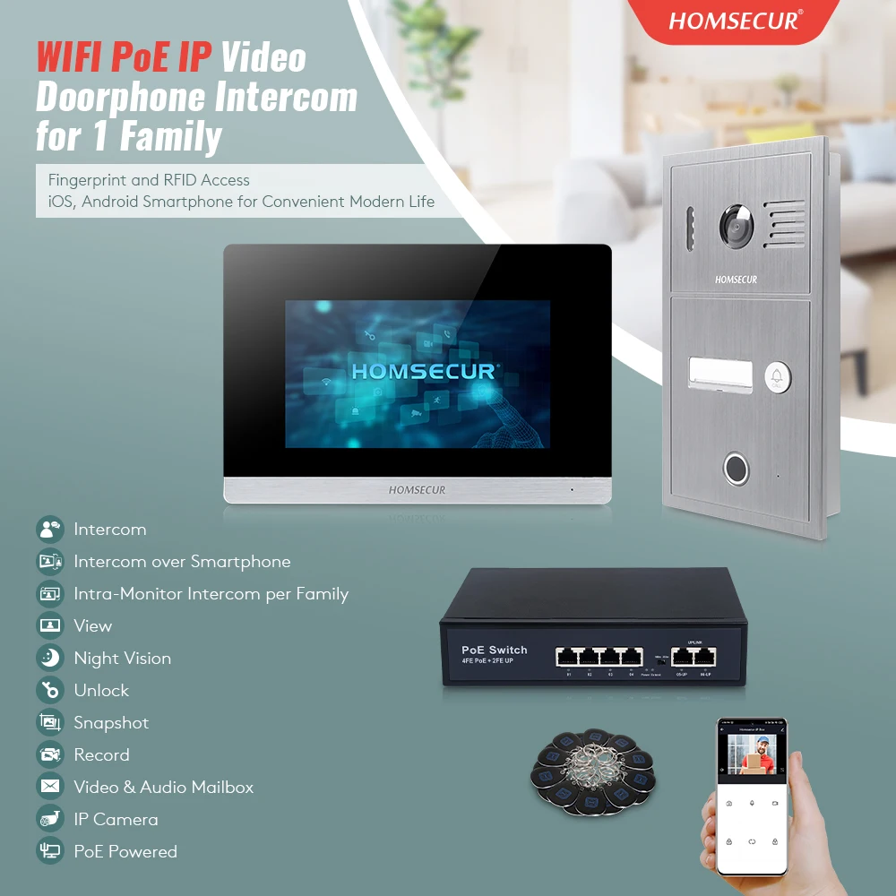 HOMSECUR PoE Powered RJ45 960P Приложение Tuyasmart Видеодомофон Вход отпечатков пальцев RFID Дверной звонок Камера Запись снимка (art.: 3920ced20d183) - 3920ced20d183