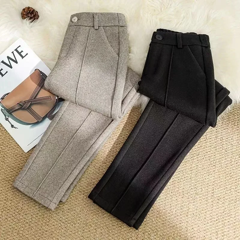 

Fashion Woolen Pants Women's Autumn Winter 2022 New Pocket Elastic High Waist Thin Thick Casual Harem Pants Trousers