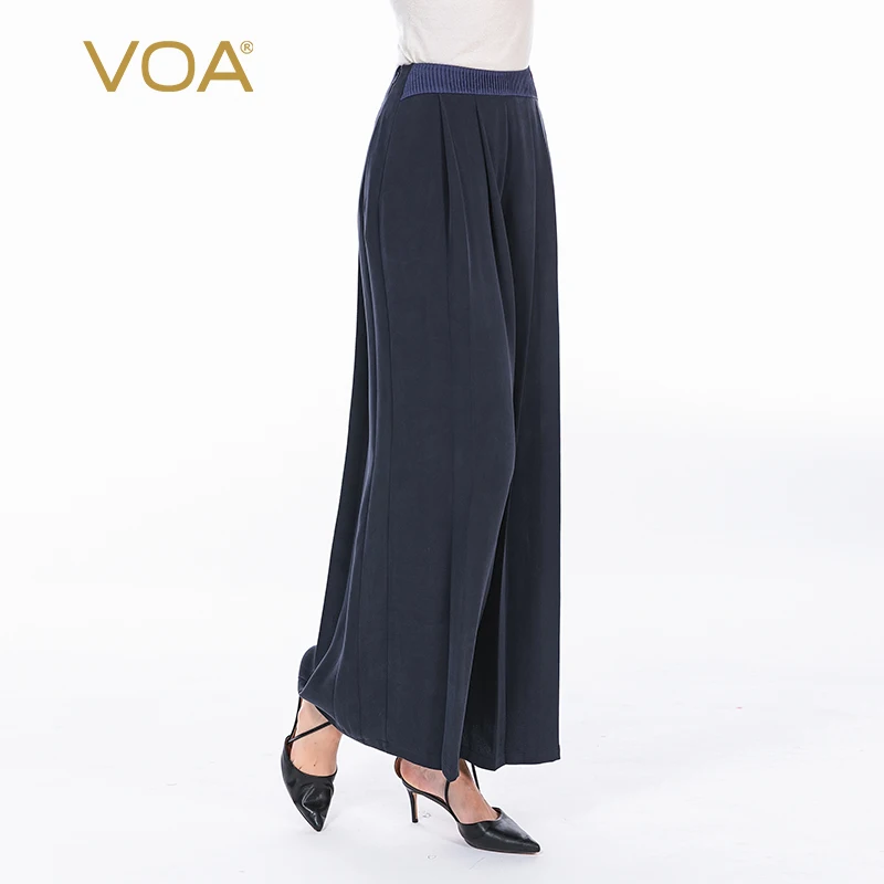 

VOA 30m/m Heavyweight 100% Pure Silk Streetwear Trousers Office Ladies Fashion Pleated Culottes Navy Blue Wide Leg Pants KE107