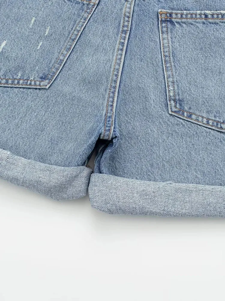 PAILETE Women 2023 fashion turn-up hems faded denim bermuda shorts vintage mid-rise zipper fly female jeans mujer