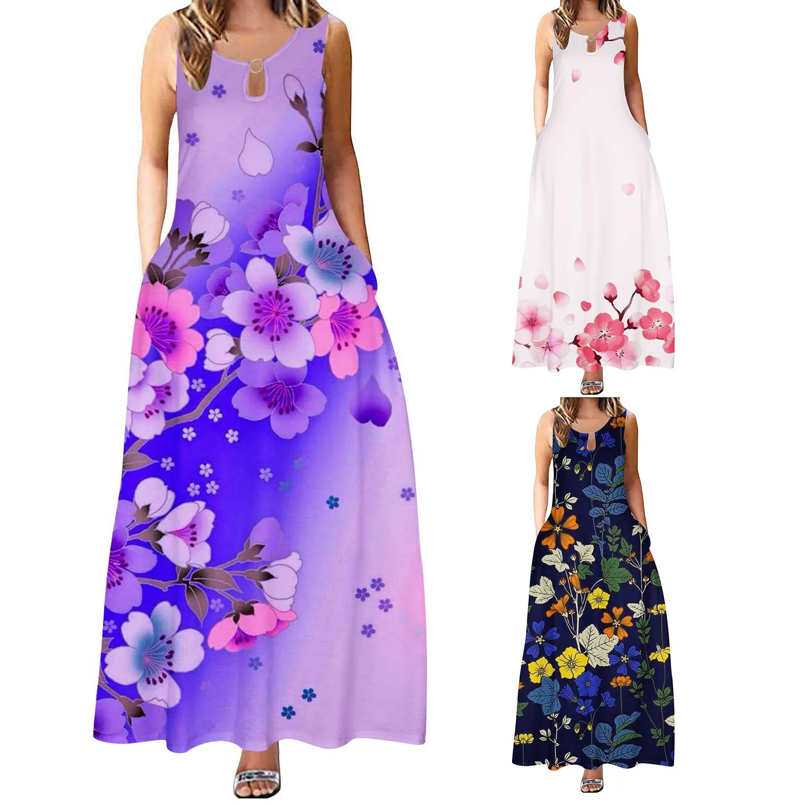 

2023 платья для женщин элегантные цветочные летние новые без рукавов длиной до колен повседневное пляжное платье с открытыми плечами длинное стильное платье