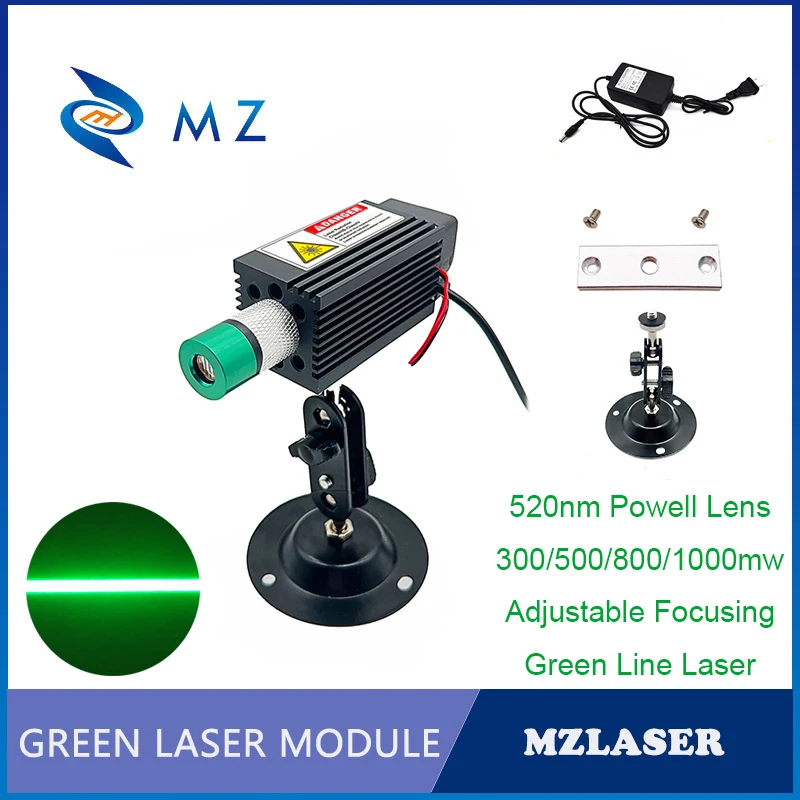 Adjustable Focusing 520nm 300/500/800/1000mW Powell Lens Green Line Laser Diode Module  With Bracket And Adapter Supply
