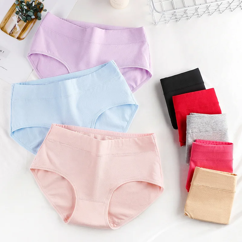 

M-3XL Women Solid Color Medium Waist Cotton Briefs Female Underwear