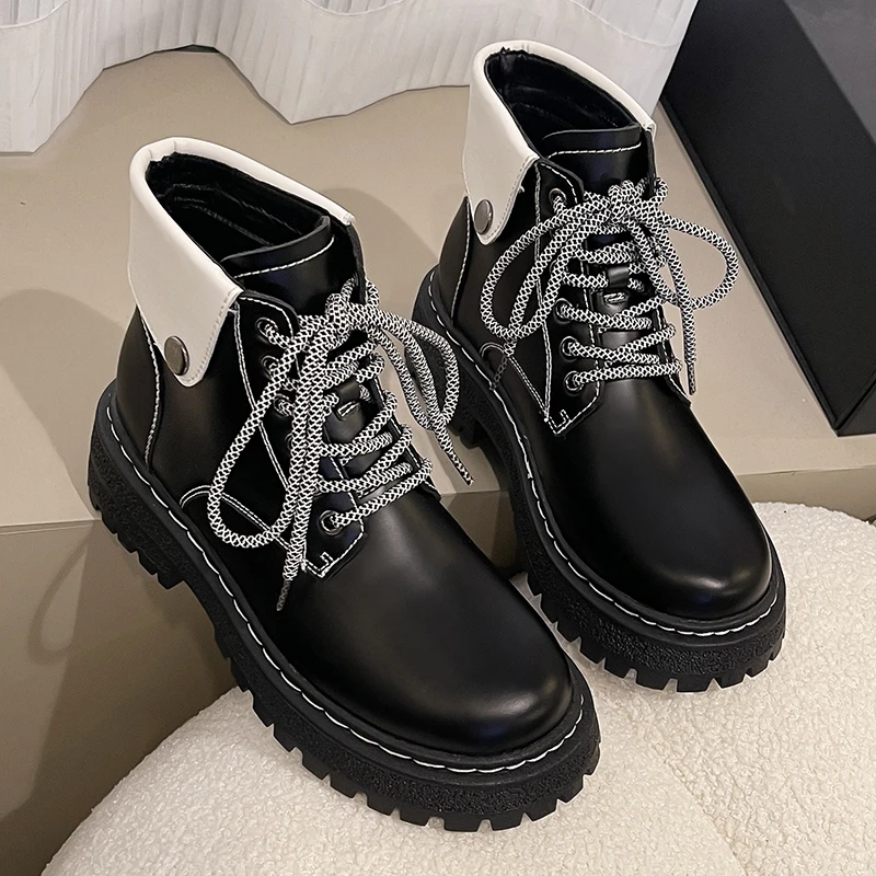 

Winter Women's Ankle Boots Platform Boots Soft Leather Women Comfortable Mid Heel Women's Boots Fashion Round Boots Botas Mujer