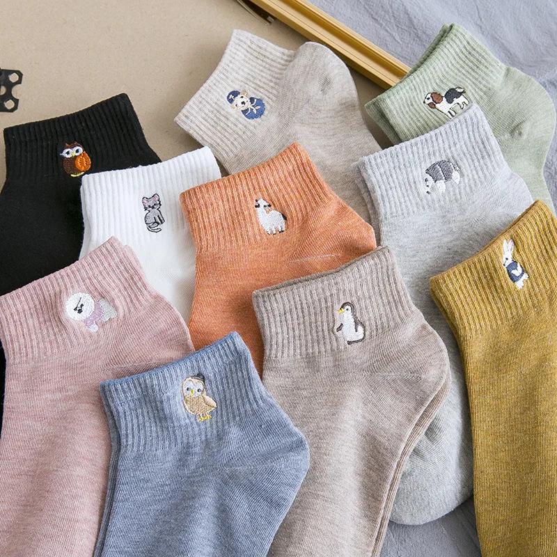 

Cartoon Embroidery Women Sock Spring Summer Thin Section Cotton Socks Girl Fshion Cute Animal Solid Color Socks