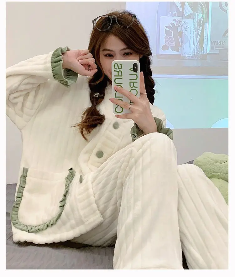 Yasuk Autumn Winter Women's Casual Lovely Sweet Girl Warm Soft Sleepwear Loose Pajamas With Pants  Velvet Simple Lace Pocket