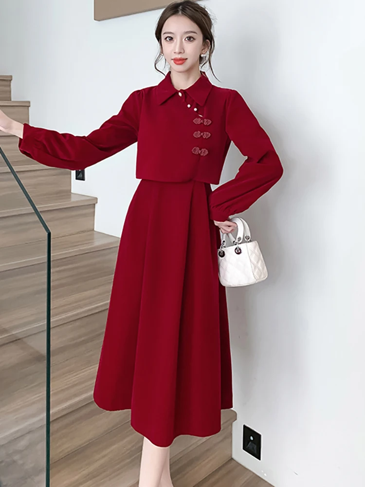 

Autumn Winter Red Velvet Patchwork Fake Two Piece Midi Dress 2023 Korean Vintage Festival Dress Women Elegant Luxury Ngiht Dress