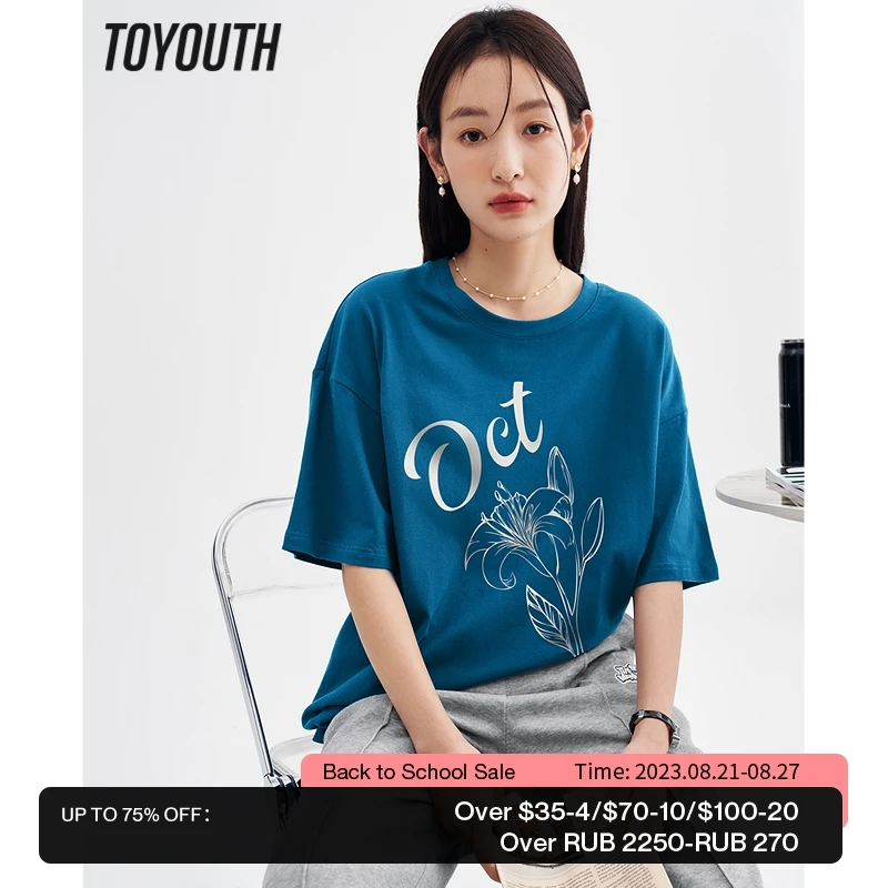

Toyouth Women T-shirt 2023 Summer Short Sleeve O Neck Loose Tees Artistic Line Flower Print Pure Cotton Comfort Casual Tops
