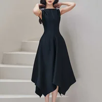Woman Midi Dress Diamond Bow Halter Sleeveless High Waist Elegant Fashion Vintage Style 2022 New Summer Black Irregular Dresses