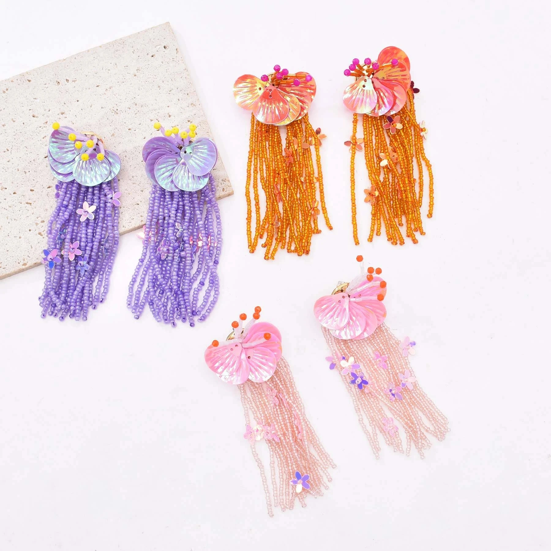 

Fashion Bohemian 3 Color Flower Pattern Long Beads Chain Tassel Dangle Earrings for Women Party Gift Travel Jewelry Accessories