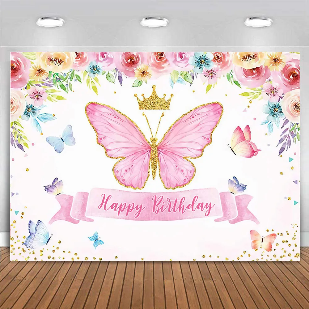 

Vinyl Customized Birthday Party Backdrop Decorations Butterfly Theme Purple Pink Gold Dots Watercolor Cake Table Banner For Girl