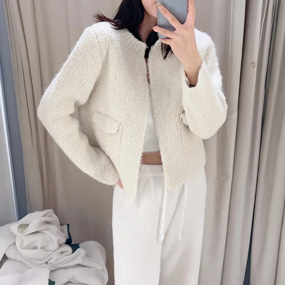 

PB&ZA Cardigan for Women Korean O-Neck Solid Color Loose Pockets Autumn Clothes Knitwear Basics Sweet Long Sleeve Top 4331171