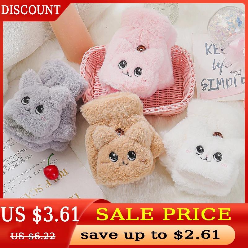 

Cute Cat Plush Glove Women Flip Half Finger Driving Mittens Autumn Winter Warm Writing Fingerless Gloves Fashion Girls Mitten
