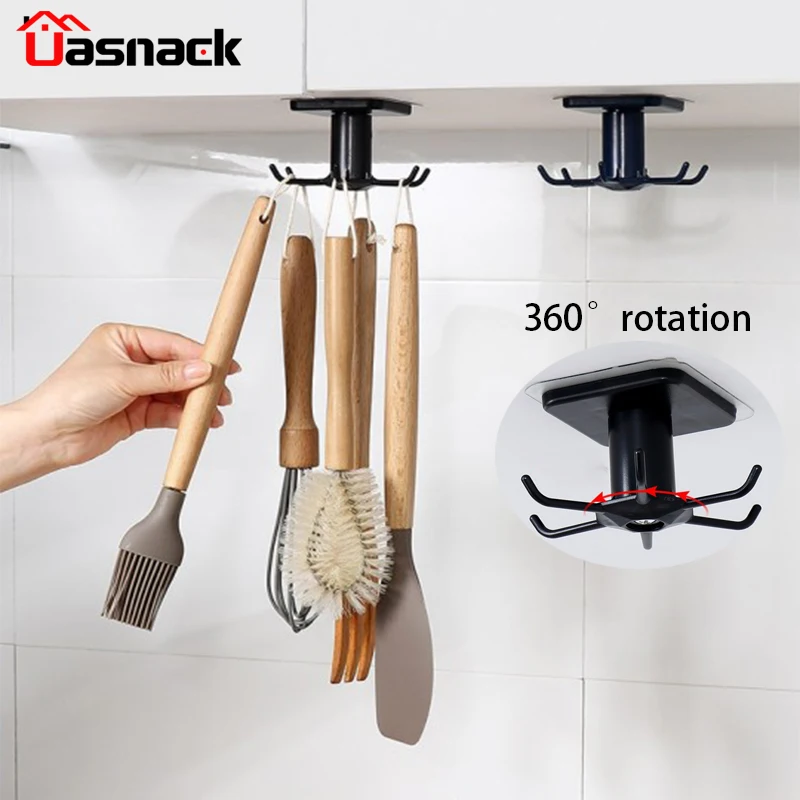 

360 Degrees Rotated Kitchen Hook Organizer Bathroom Holder Punch Free Wall Mounted Hooks Clothes Tableware Home Hanging Rack