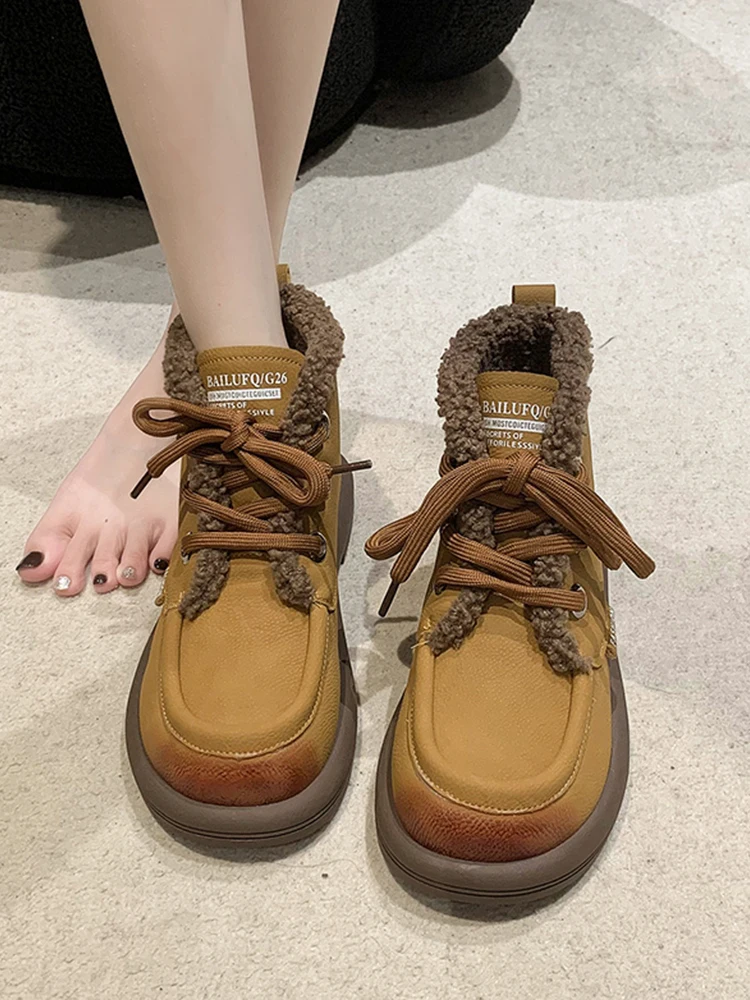 

Shoes Woman 2023 Round Toe Female Footwear Autumn New Cross Dress Winter Fall PU Lace-Up Mid-Calf Flock Cross-tied Flat Short Pl