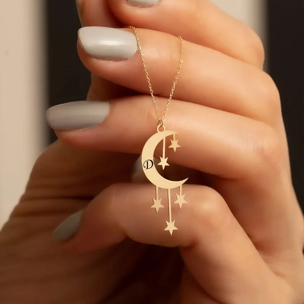 

Custom Engraved Letter Necklace for Women Personalised Star Moon Pendant Stainless Steel Gold Necklace Jewelry Gift Dropshipping