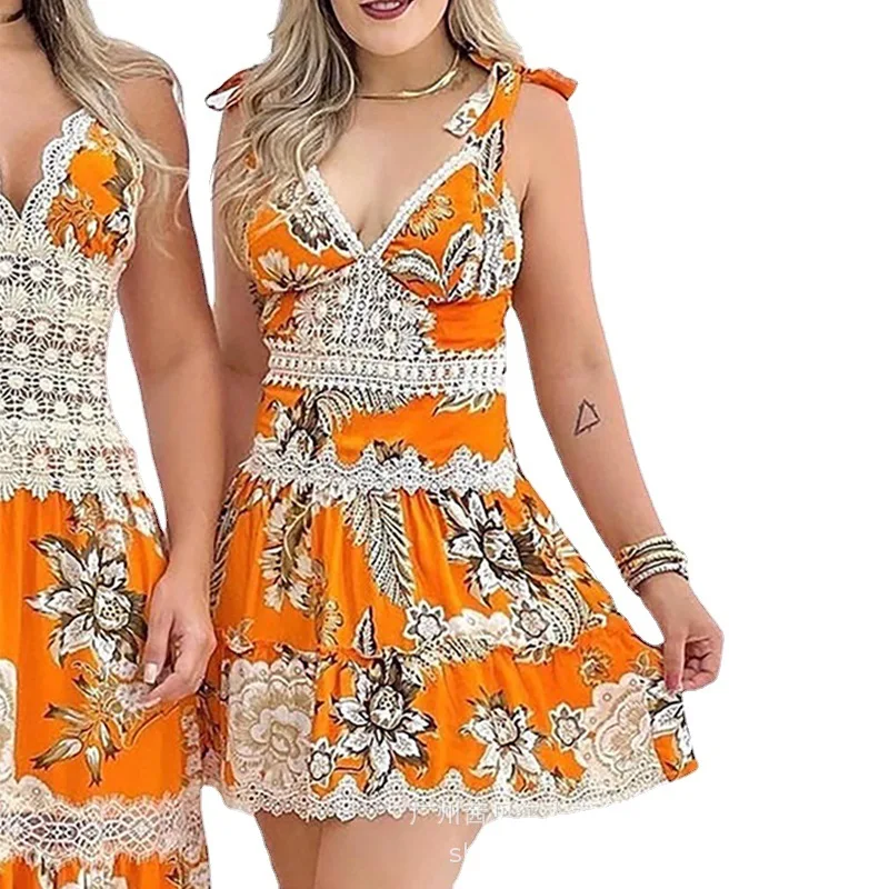 

Женское облегающее платье составного кроя без рукавов, новинка весны-лета 2022, кружевное Цветочное платье на бретелях с V-образным вырезом и ...