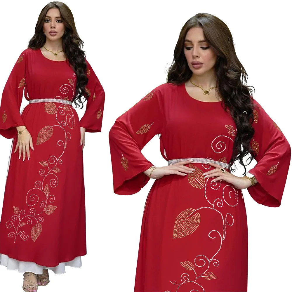 2023 Spring Summer Muslim Women Long Sleeve O-neck Polyester Green Pink Long Dress Abaya Dress Muslim Fashion Dress