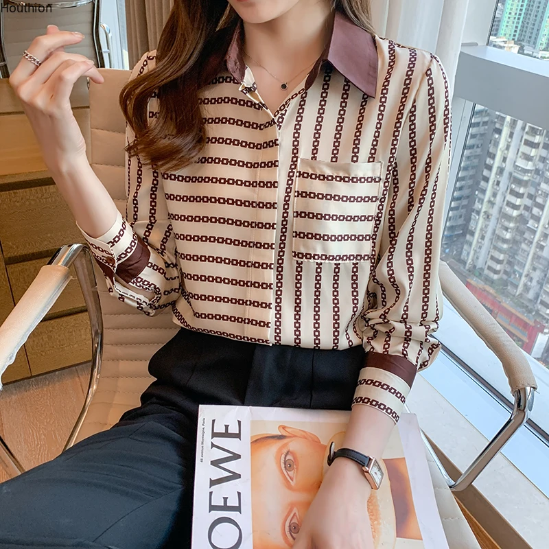 

Chiffon Women's Blouse Polo Girl's Shirt Summer Fashion Long Sleeve Top Print Loose Casual Spring Female Clothing Houthion