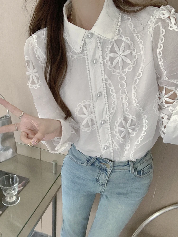 Весенне-осенняя белая рубашка с вырезами женская одежда дворцовый стиль