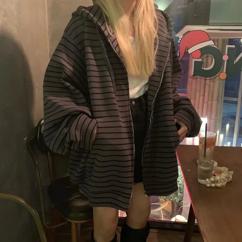 

Fashion Women Korean Hoodies Coat Casual Loose Long Sleeve Vintage Stripe Zipper Hooded Sweatshirts with Pockets 2022 Autumn