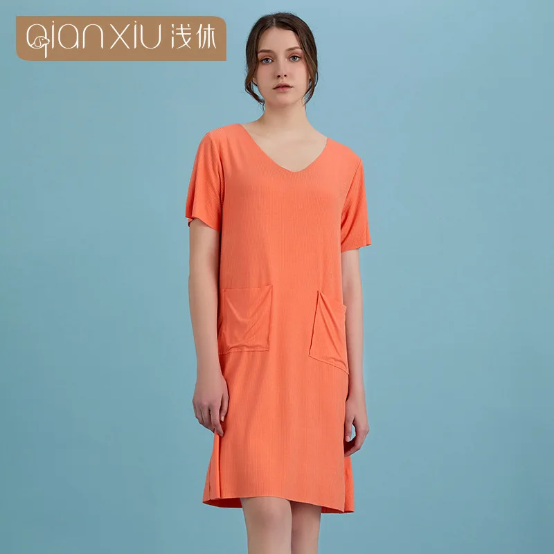 Женская ночная сорочка из бамбукового волокна с коротким рукавом и V-образным