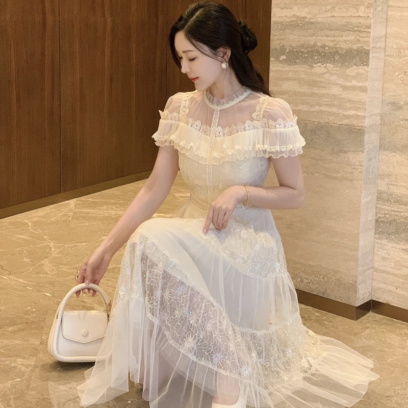 2024 Элегантное летнее Сетчатое кружевное платье средней длины абрикосового цвета