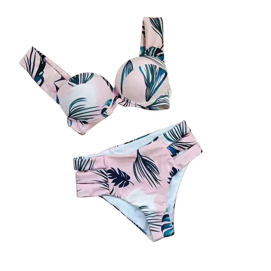 

Print Swimwear Leaves Bikini Beachwear Set Women Push-Up Pad Bathing Swimwears Tankinis Set