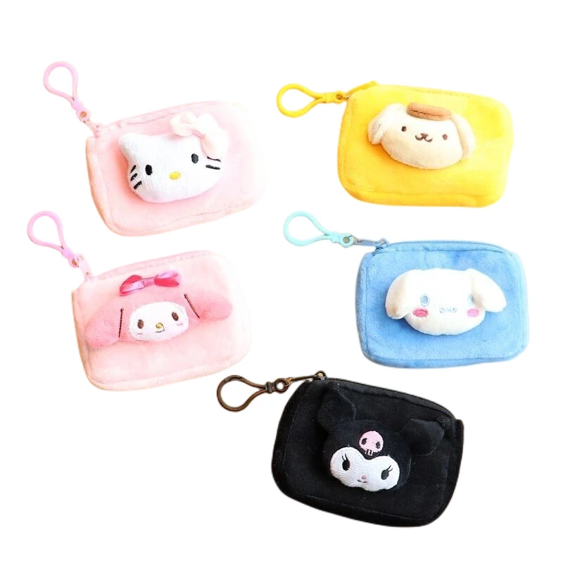 

Sanrio Cartoon Cute Solid Color Square Cinnamoroll Pompom Purin Plush Coin Purse Creative Key Pendant
