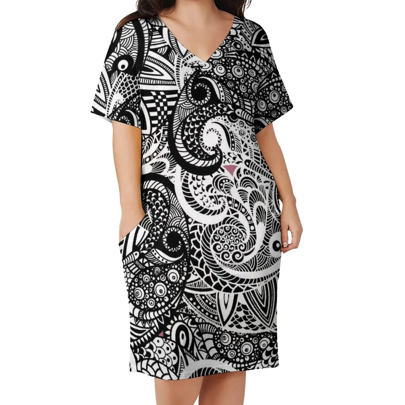 

Женское винтажное платье с коротким рукавом, черно-белое платье с цветочным принтом и карманами