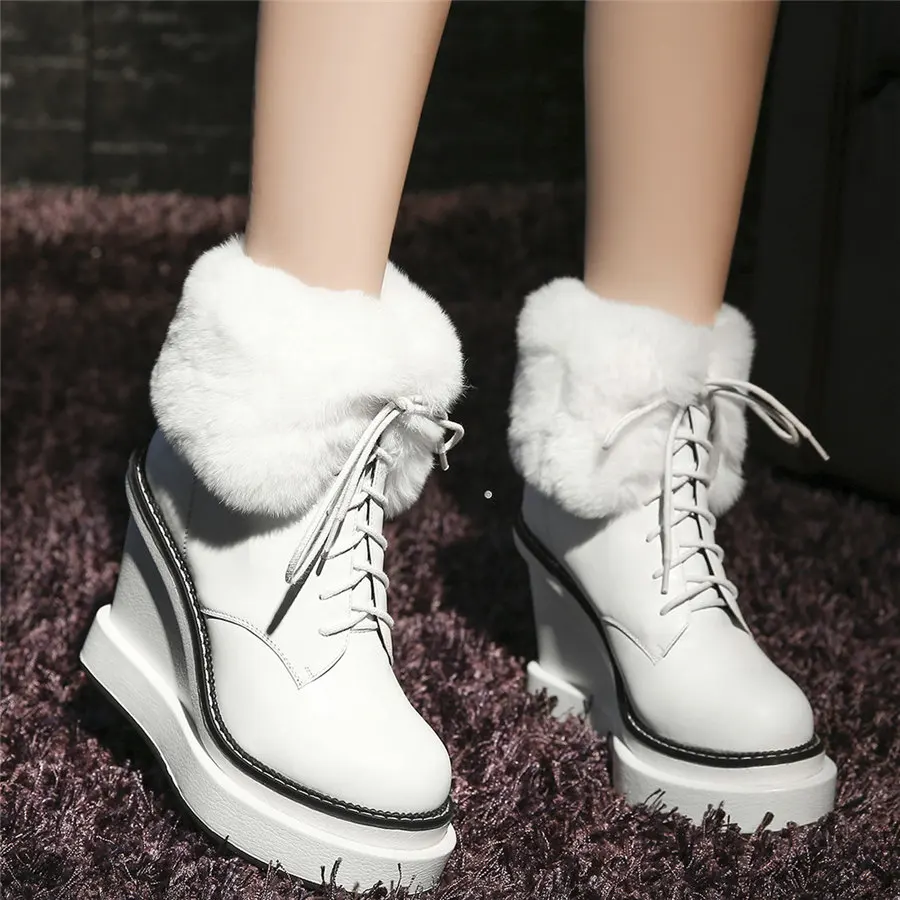 Warm Fur Pumps Women Lace Up Genuine Leather Super High Heels Snow Boots Female High Top Round Toe Fashion Sneakers Casual Shoes