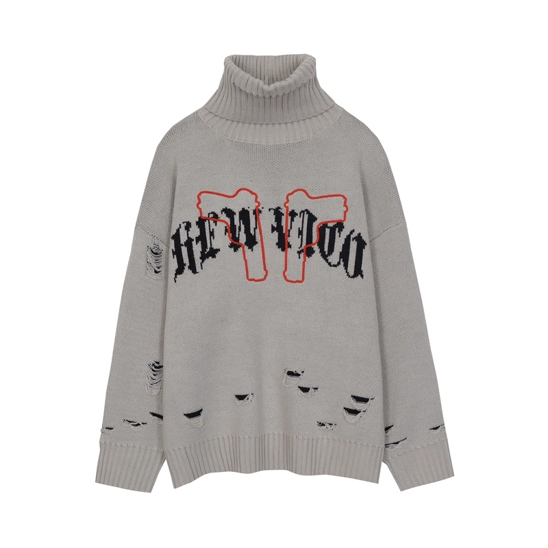 

Letter Embroidery Ripped Double Gun Pullover Winter Sweater for Men Vintage Knitted Streetwear Loose Sweaters Unisex Clothes