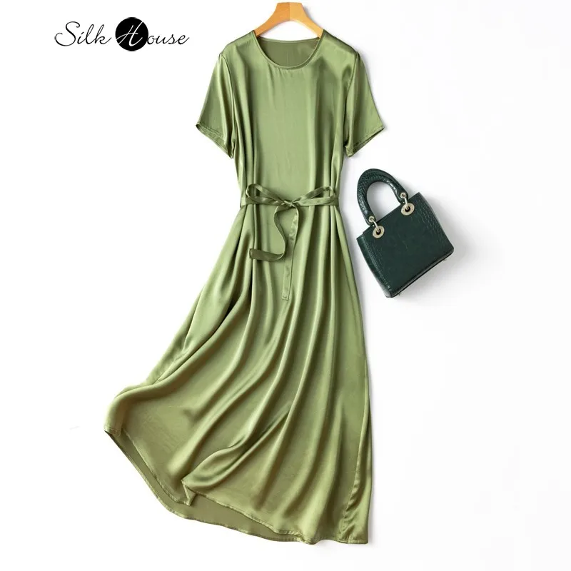 

20MM Temperament Tea Green Simple Atmosphere Plain Crepe Satin Silk Loose Short Sleeve 100%Natural Mulberry Silk Women's Dress