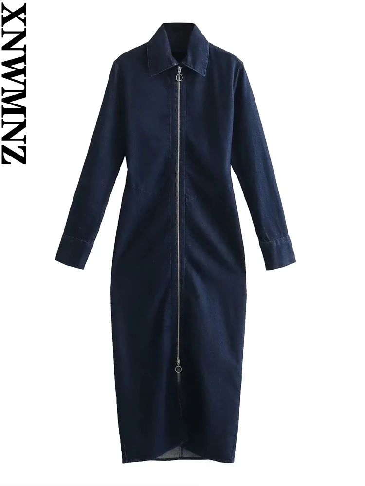 

XNWMNZ женское модное 2023 на молнии джинсовое платье женское Винтажное с лацканами с длинным рукавом простые женские шикарные платья миди