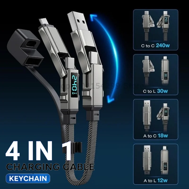 Фото Универсальный зарядный кабель-брелок 4-в-1, 65 Вт, USB-C с дисплеем V/A/W, Type-C для Apple, портативный шнур для iPhone/iPad/Samsung/ноутбуков №1