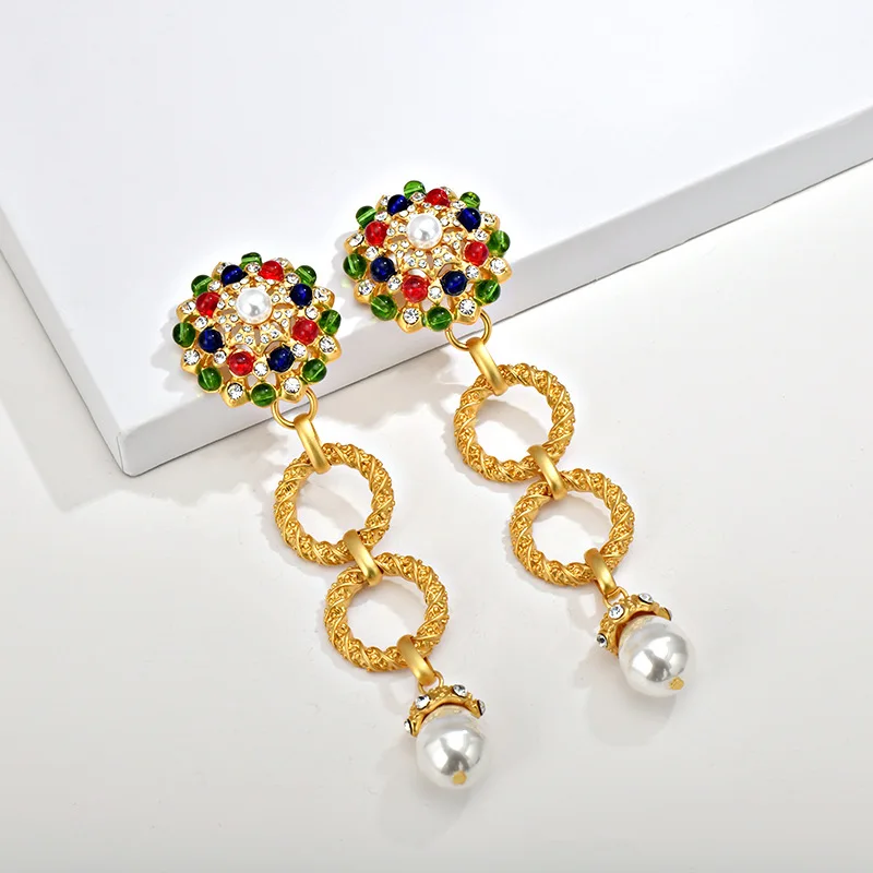 

Antique Exaggerated Long Tassels Stylish Colorful Glass Circles High-end Earrings