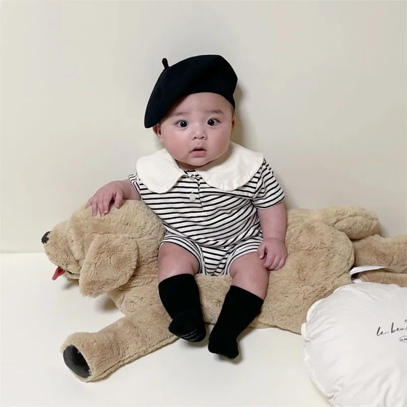 

Toddler Boy Fashion Striped Peter Pan Collar Short Sleeves Jumpsuit Baby Girl Loose Thin Soft Bear Ear Cotton Romper One Piece
