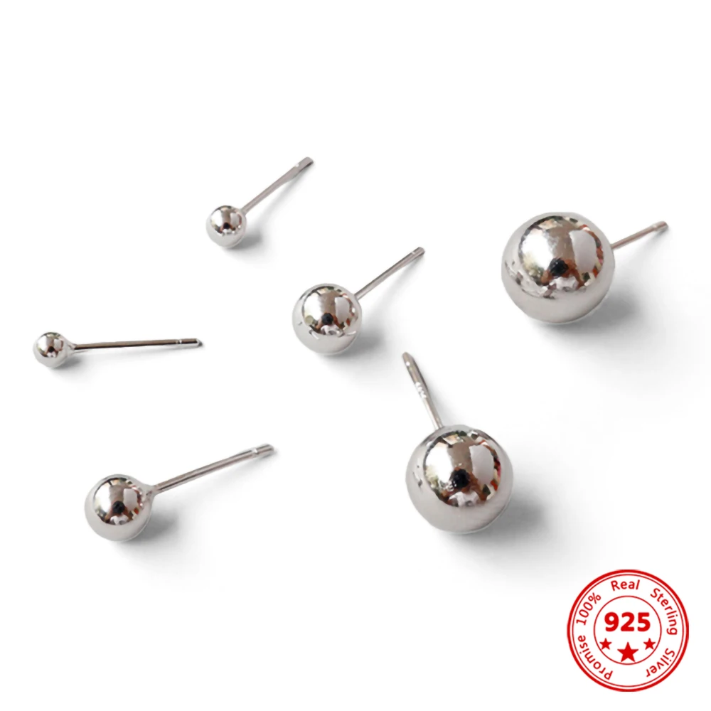 

100% Real 925 Sterling Silver Ear Stud Earrings 2.5MM 3MM 4MM 5MM 6MM 8MM 10MM Stud Earring For Woman Charm Jewelry