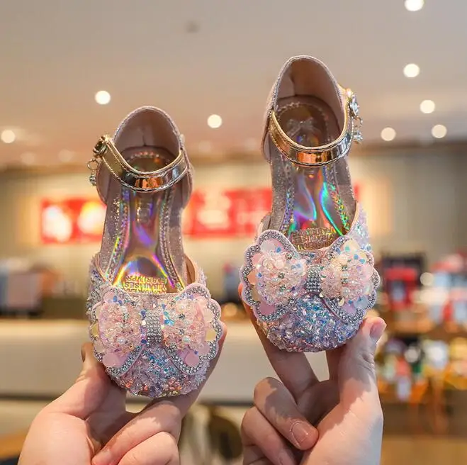 

Summer Girls Sandals Fashion Sequins Rhinestone Bow Girls Princess Beach Shoes Baby Girl Shoes Leather Sandals Size 21-36