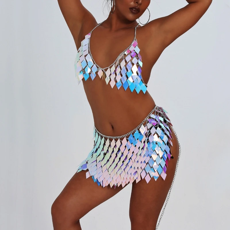 Женский многослойный бюстгальтер-цепочка с блестящими стразами и блестками -