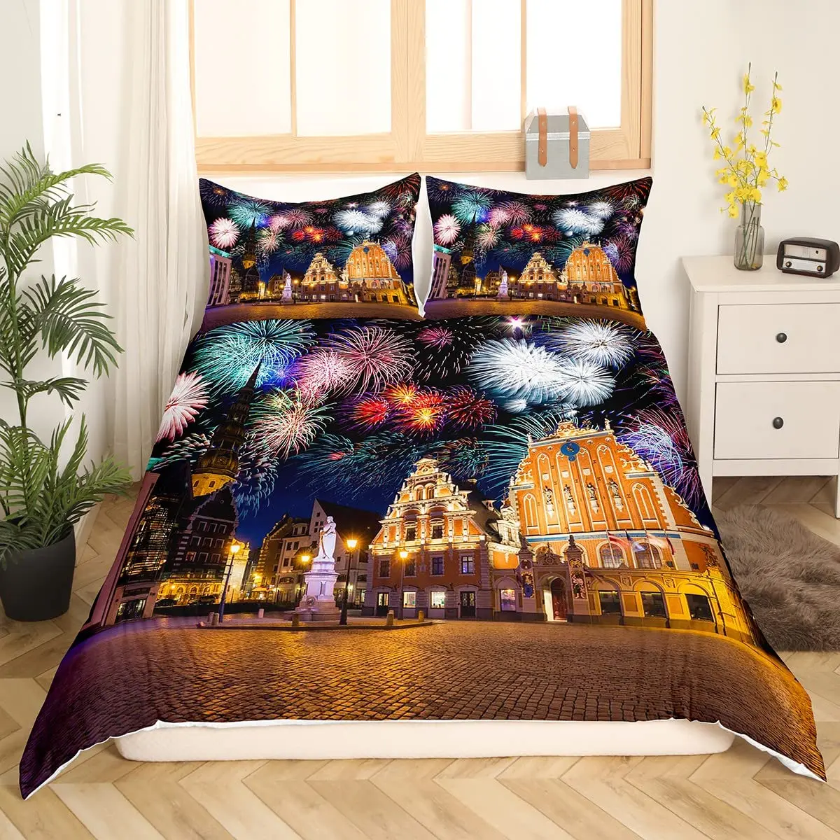

Colorful Fireworks Print Duvet Cover Rainbow Twinkle Romantic Starry Night Quilt Cover Pillowcase Breathable Soft Bedroom Decor