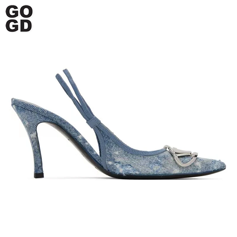 

GOGD/модные роскошные дизайнерские женские джинсовые туфли на высоком каблуке, модель 2023 года туфли-лодочки без застежки с металлической пряжкой пикантные вечерние свадебные туфли