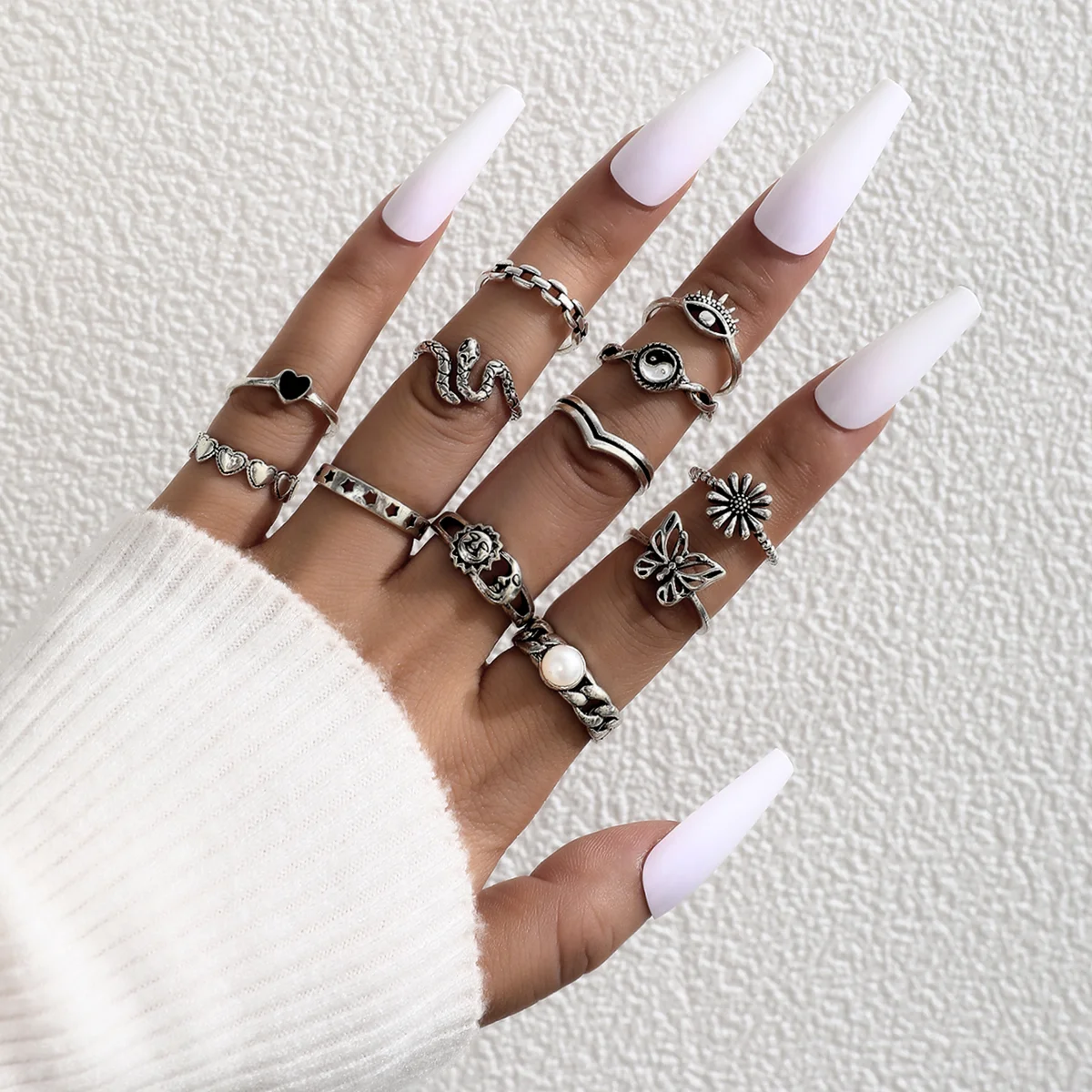 

Aprilwell 12 Pcs Silver Plated Gothic Tai Chi Rings Set for Women Punk Aesthetic Emo Stranger Things 2022 Trendy Jewelry Anillos