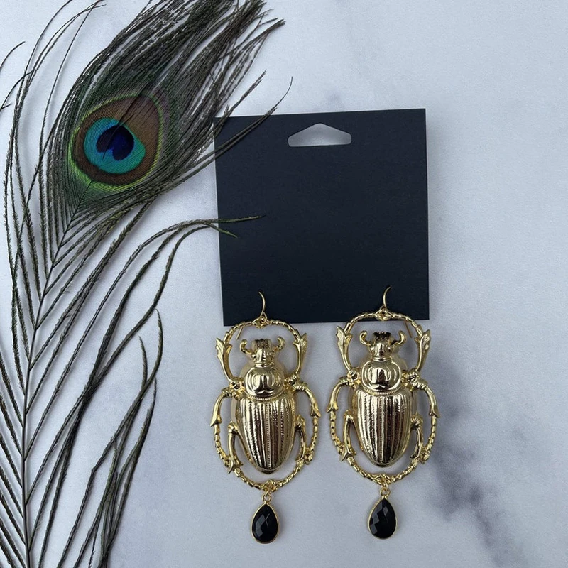 

Gold Color Beetle Insect Black Gem Gothic Style Personality Accessories Eardrop Jewelry Party Wedding Gifts Earrings For Woman