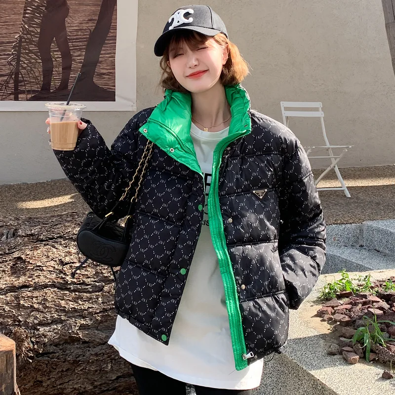 Winter printed cotton jacket short style with embroidered letters cotton jacket women's loose