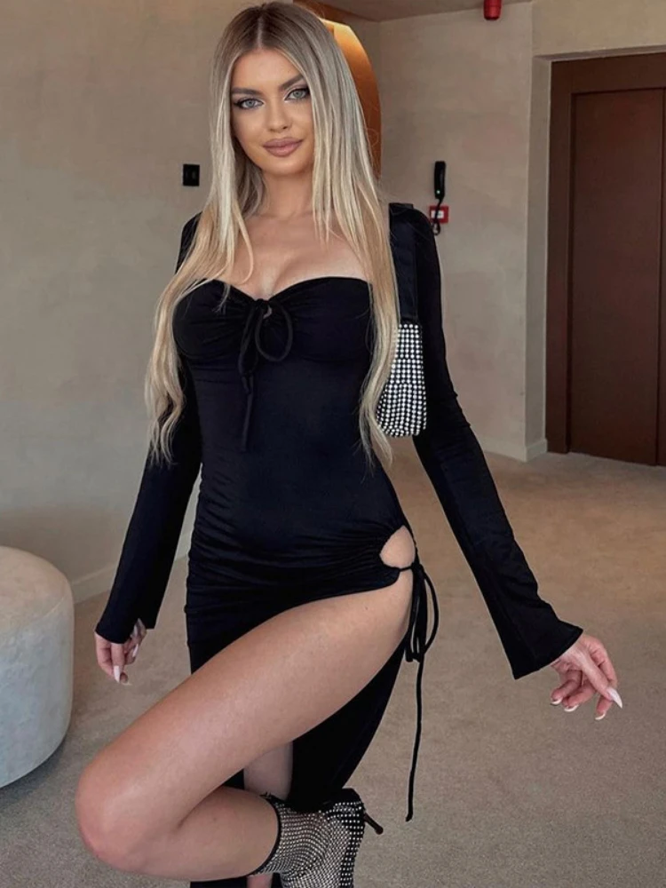 

High Split Maxi Dress Square Collar Sexy Backless Summer Bodycon Dress Long Sleeve Elegant Party Evening Dresses for Women 2023