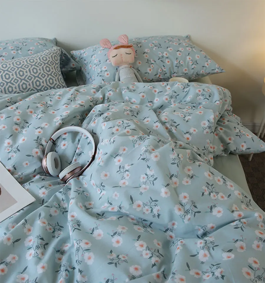 

Rustic pastoral blue flower bedding set,single double cotton twin full queen home textile flat sheet pillow case duvet cover
