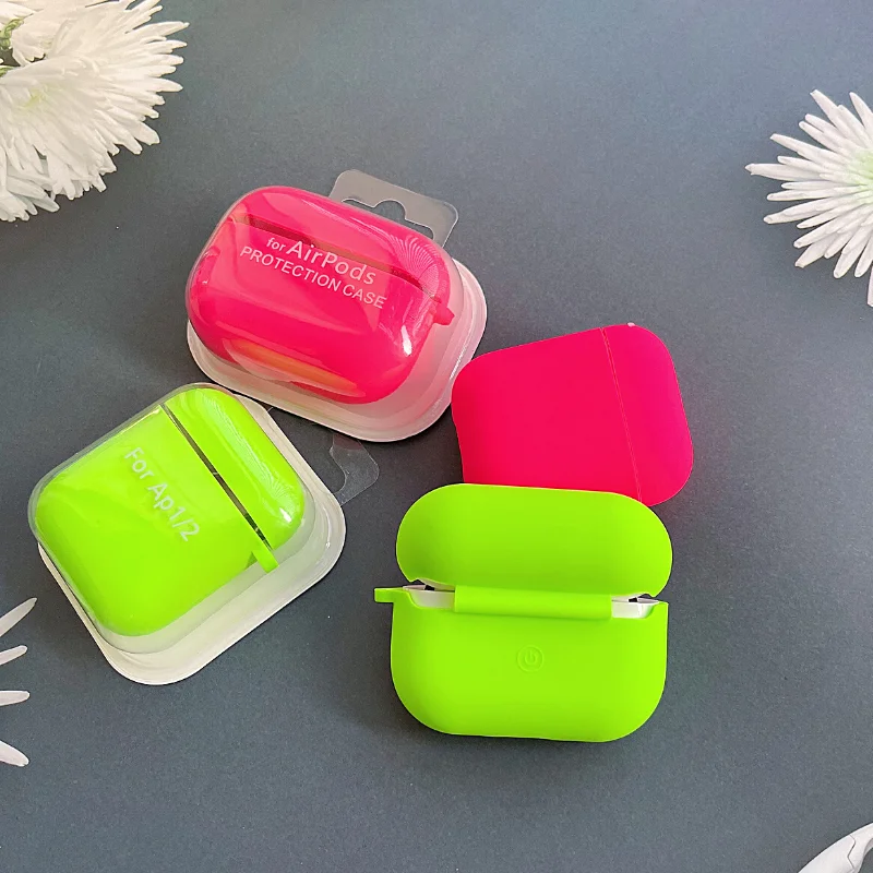 

Air pods Case Neon Green official Silicone Cases for Airpods Pro 1 2 Liquid Fluorescence Hot Pink Silicone Hook Cover Air Pods